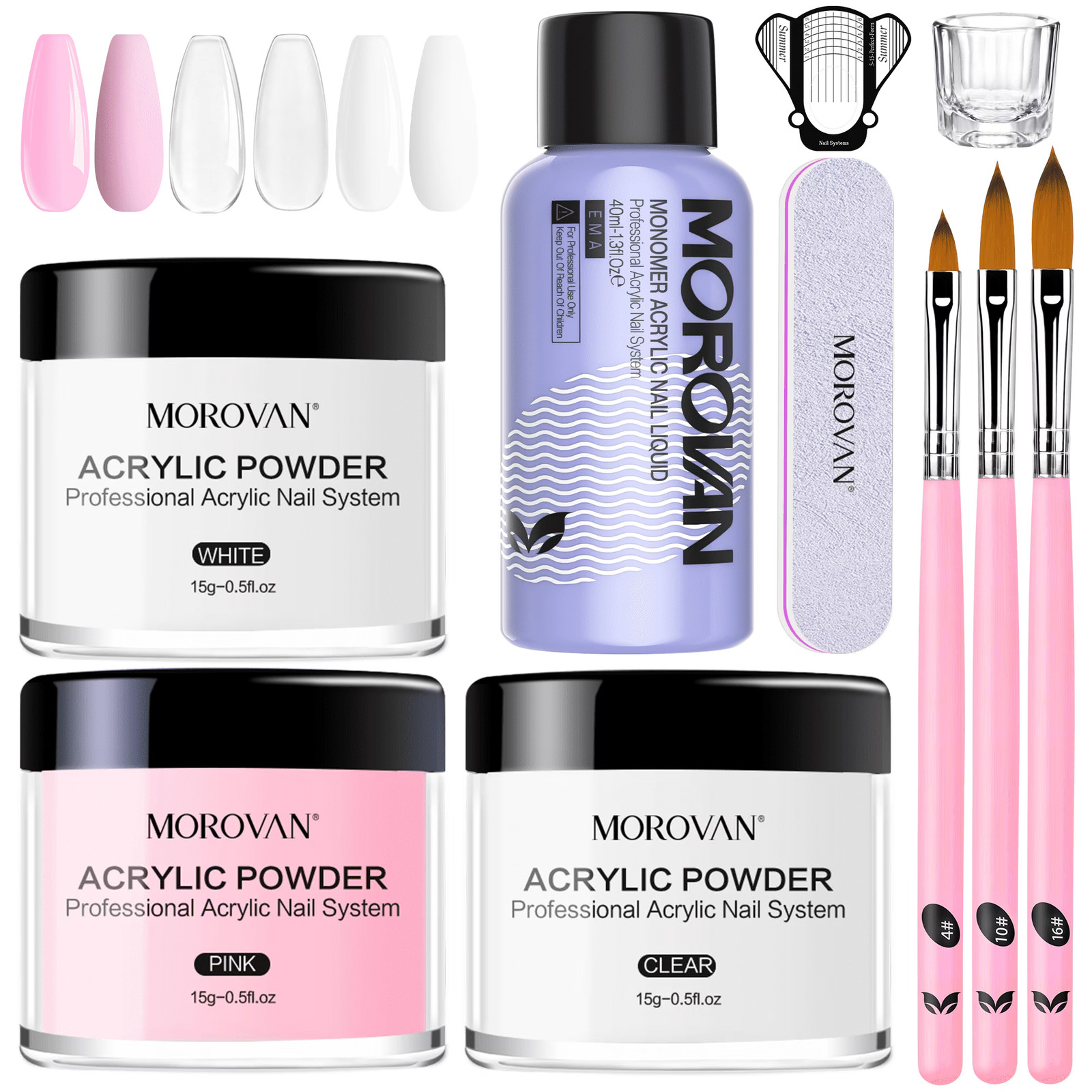 Morovan Acrylic Nail Kit – Clear Pink & White Powder with Liquid Set, Nail Brush
