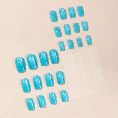 Lake Blue Press on Nails Medium Square SWEKKE Fake Nails Full Cover Jewelry