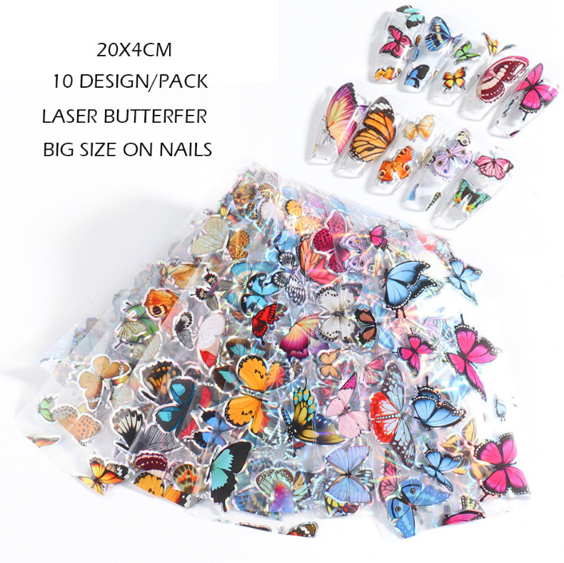 10Pcs Big Size Laser Butterfly Nail Art Transfer Foil Sticker Manicure 8102