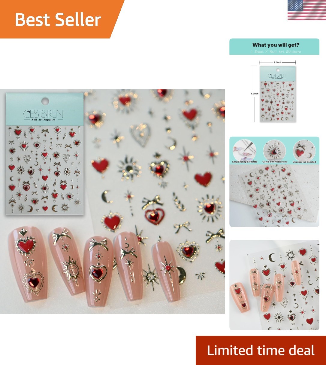 Glamorous and Flexible Gold Totem Red Heart Nail Art Accessories – 5×3.2 Inches