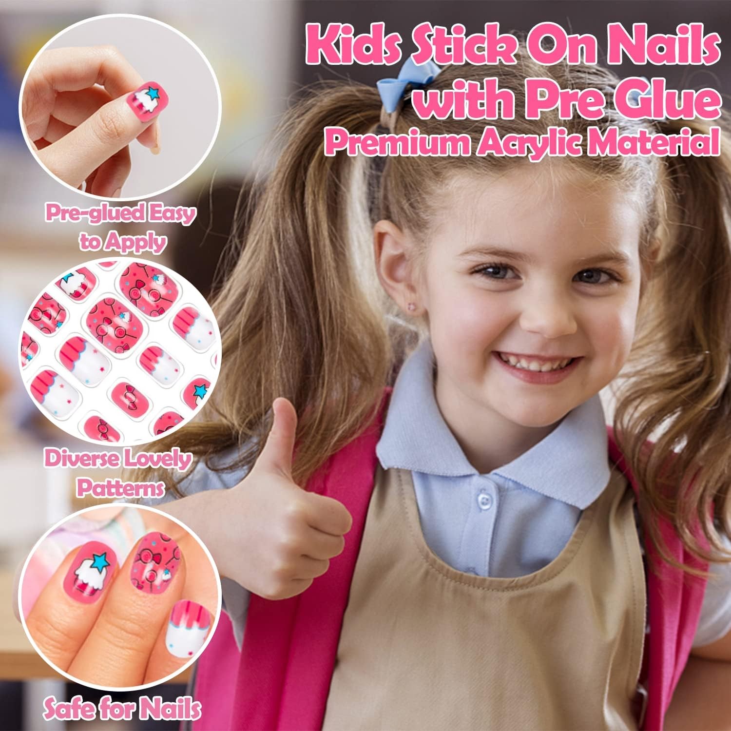 240 Pieces Fake Nails for Kids Girls Artificial Press Large, Multicolor