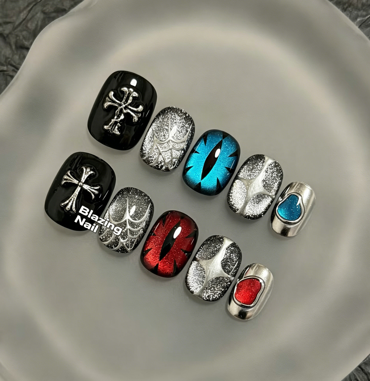 Devil’s Eye Handmade Press On Nails, Short Luxury Hand-Painted Removable Nail Ar