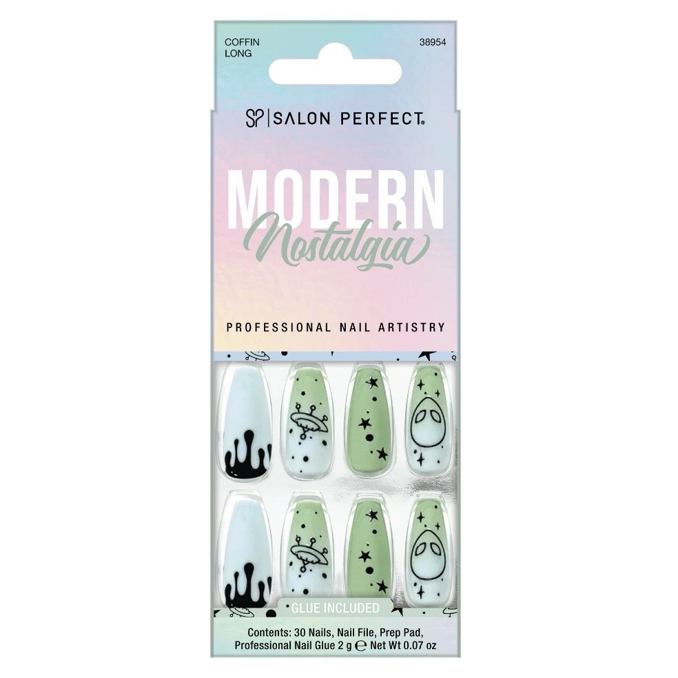 Salon Perfect Modern Nostalgia Blue Green UFO Long Coffin Press On Nails 30 Pcs