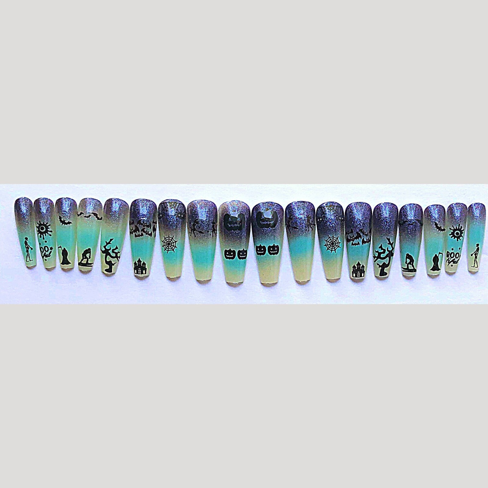 Blue Ombre Halloween nails- Press on nail set- Size 0-8, Ex-long Ballerina