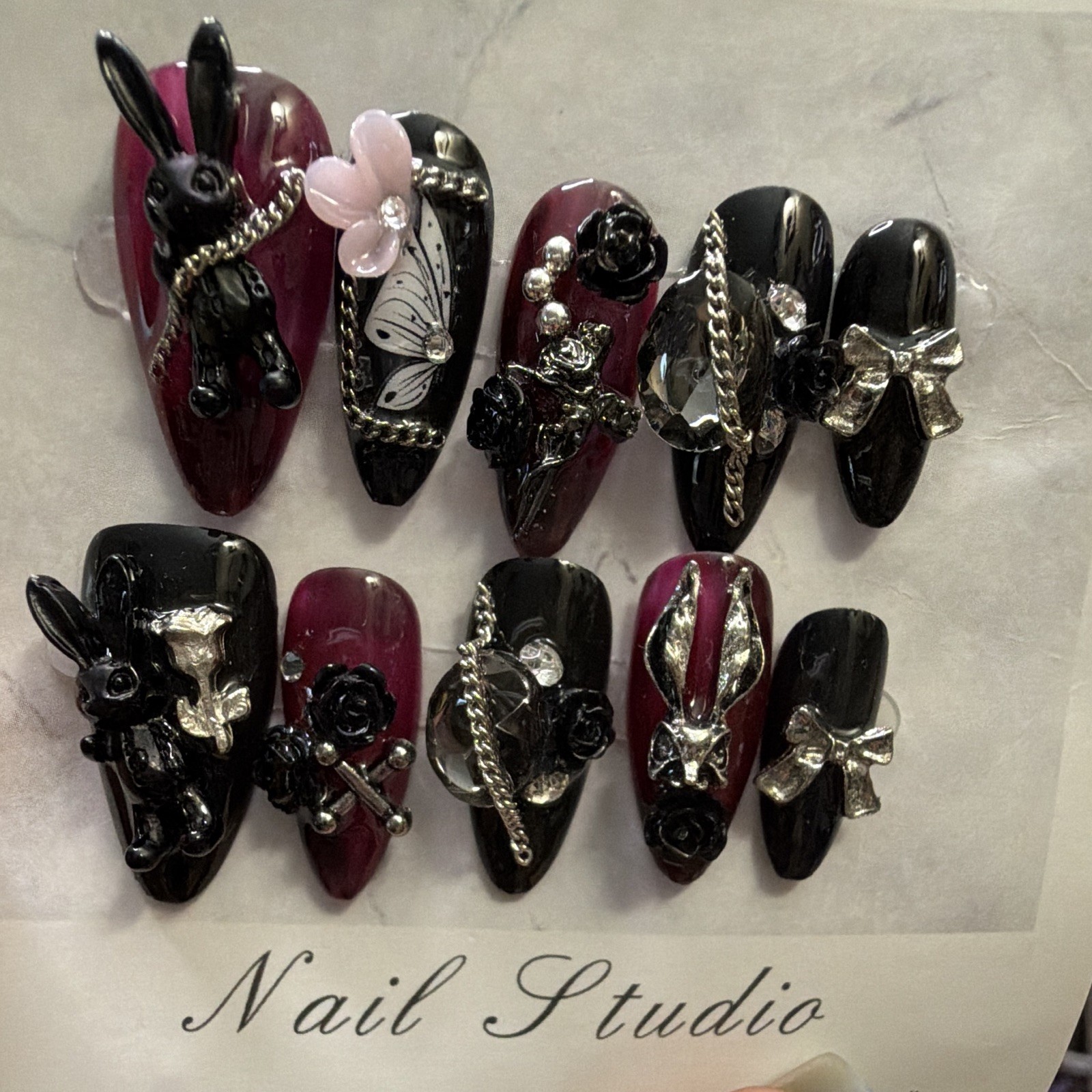 3D Butterfly Coffin Press-On Nails Long Full Cover Black Burgundy Pre-Designed