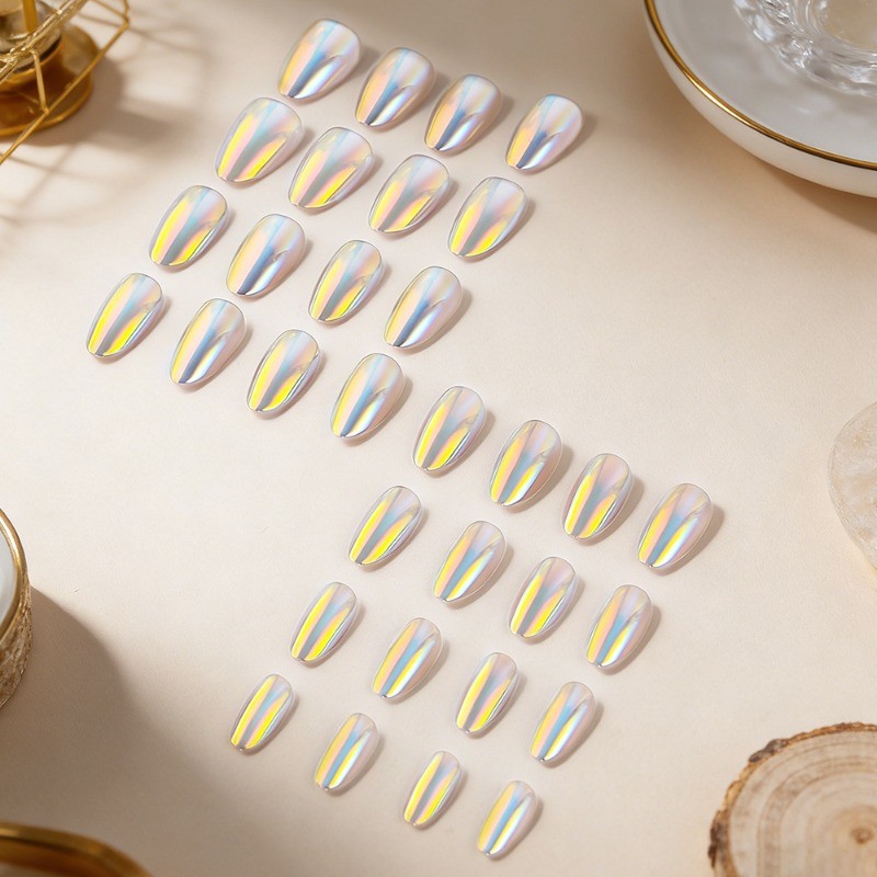64pcs-Silver Holographic Press on Nails, Medium Almond Chrome Mirror Fake Nails