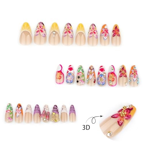 24Pcs Flower Press on Nails Medium Almond Fake Nails with 3D Colorful Spring