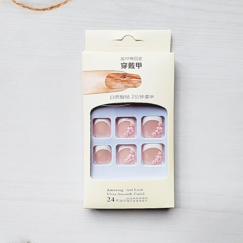 Pink Flower Press on Toenails White French Tips Fake Toe Nails Short Nude