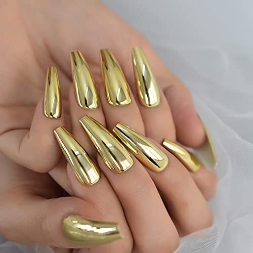 Coffin Medium Uv Gel Reusable Fingernails Glossy Soild Color Golden Press On