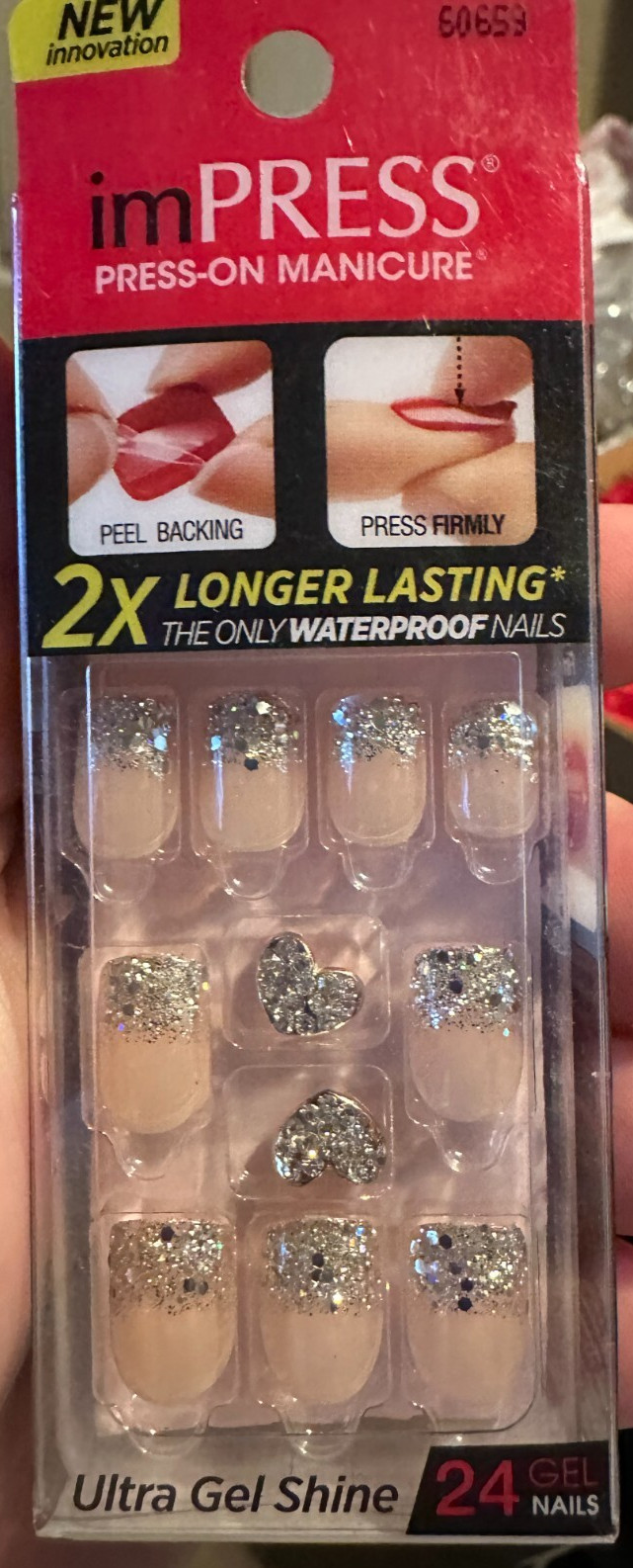 Impress Gel Manicure Press on Nails French silver glitter tips w/bonus charm