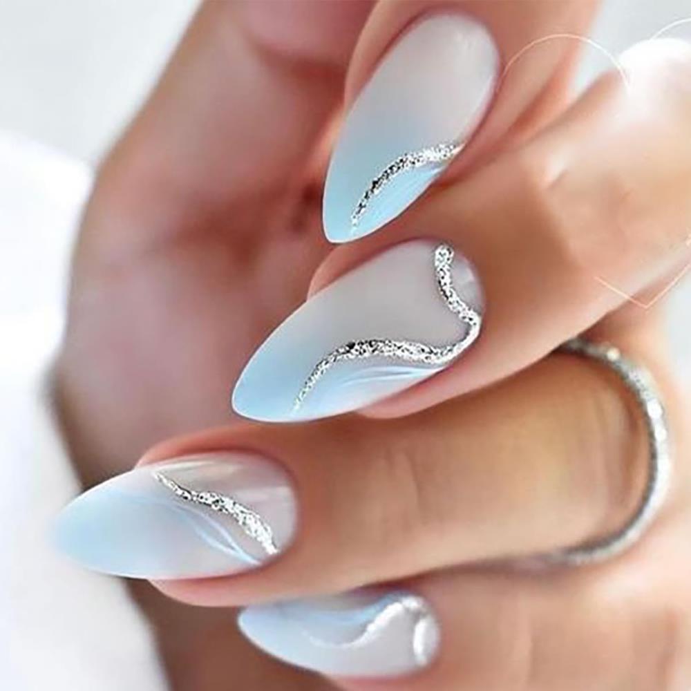 Sea Blue Press on Nails Medium Almond Fake Nails Ombre White False Nails