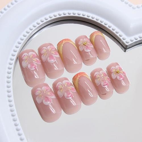 Spring Press on Nails Square Medium Fake Nails with Flower Flower Designs-1