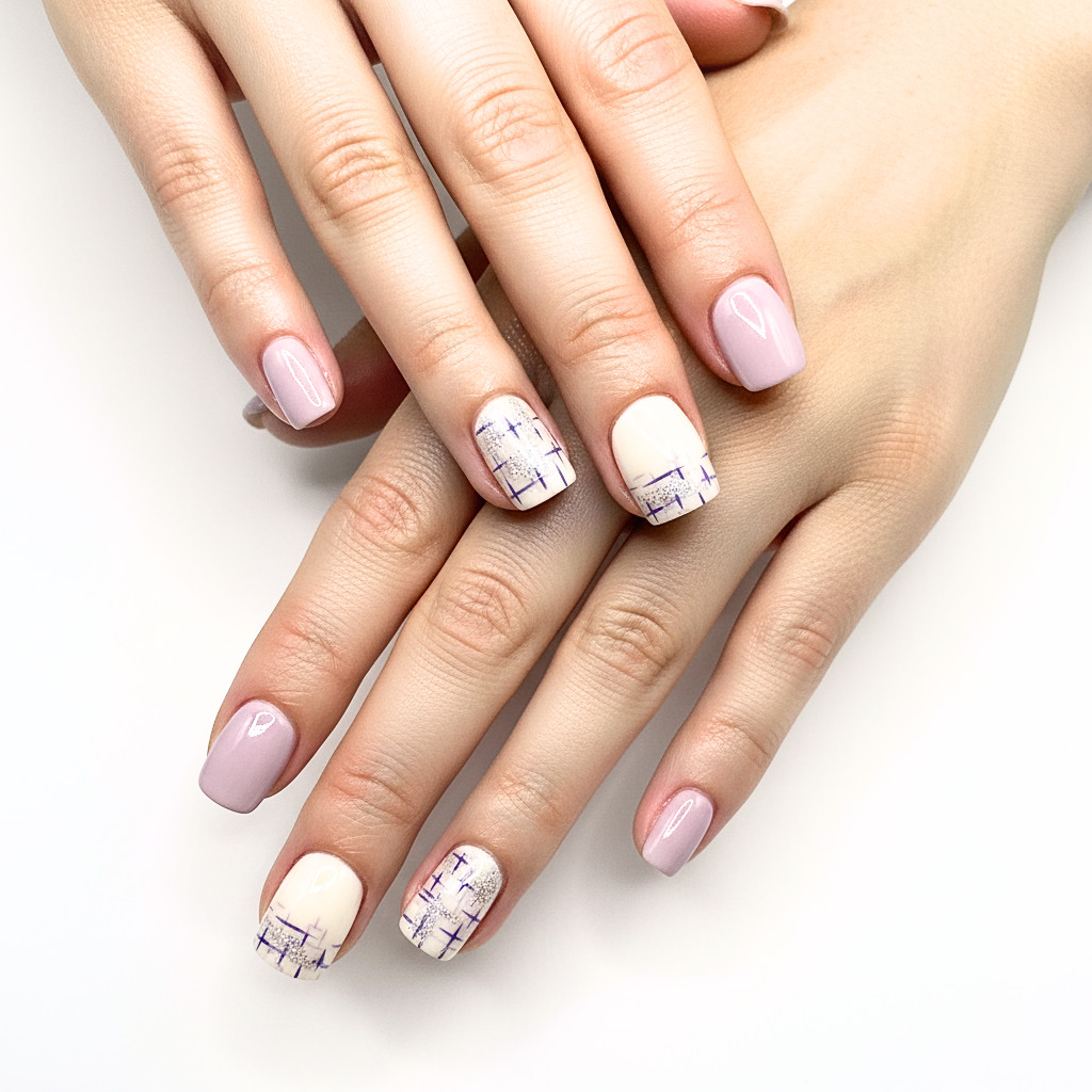 Press-On Nails Square –Lilac and White Mix with Silver Glitter & Purple line Art