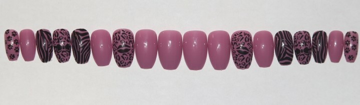 Pink leopard and zebra print- press on nail set- Set of 18 sizes 0-8