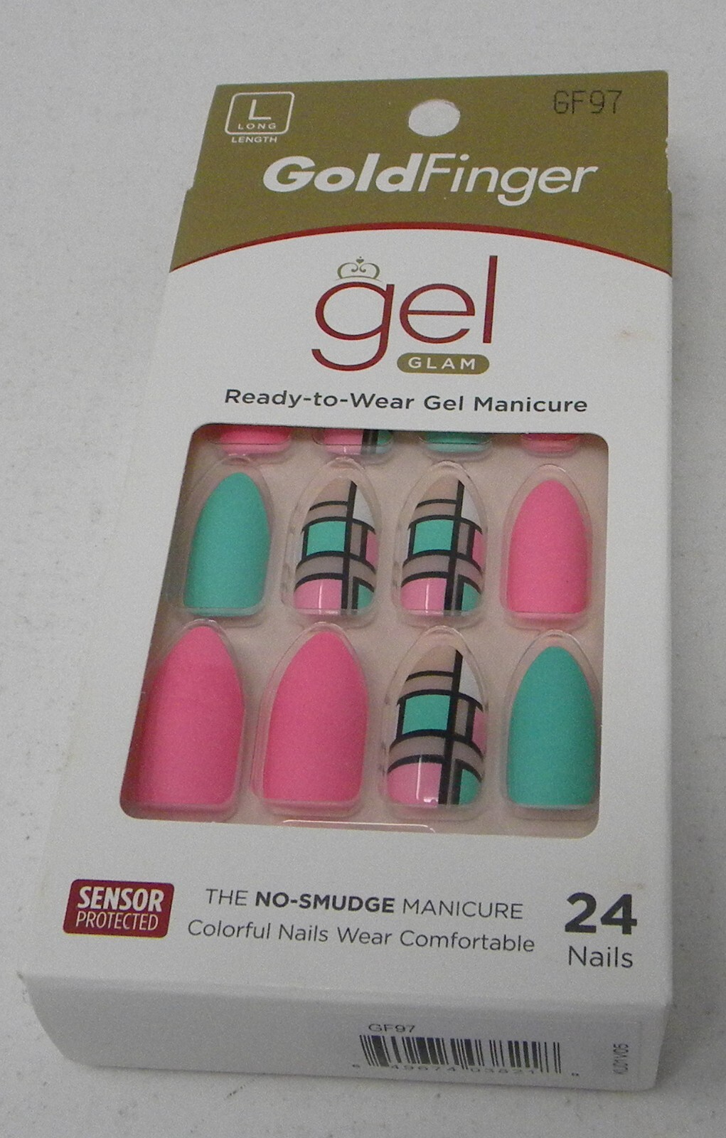 Gold Finger 24 Gel Glam Ready to Wear Manicure Green Pink Squares