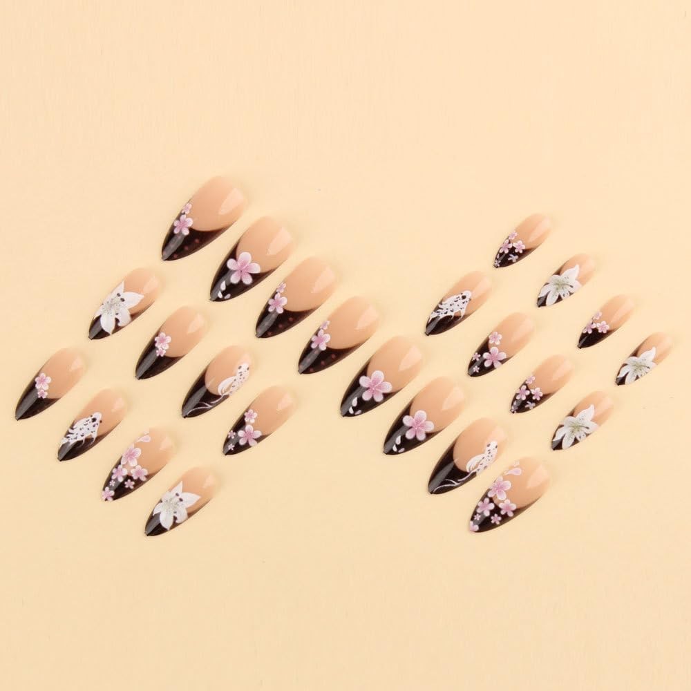 24Pcs Dark French Tip Press on Nails Medium-Length Almond Fake Nails with Lil…
