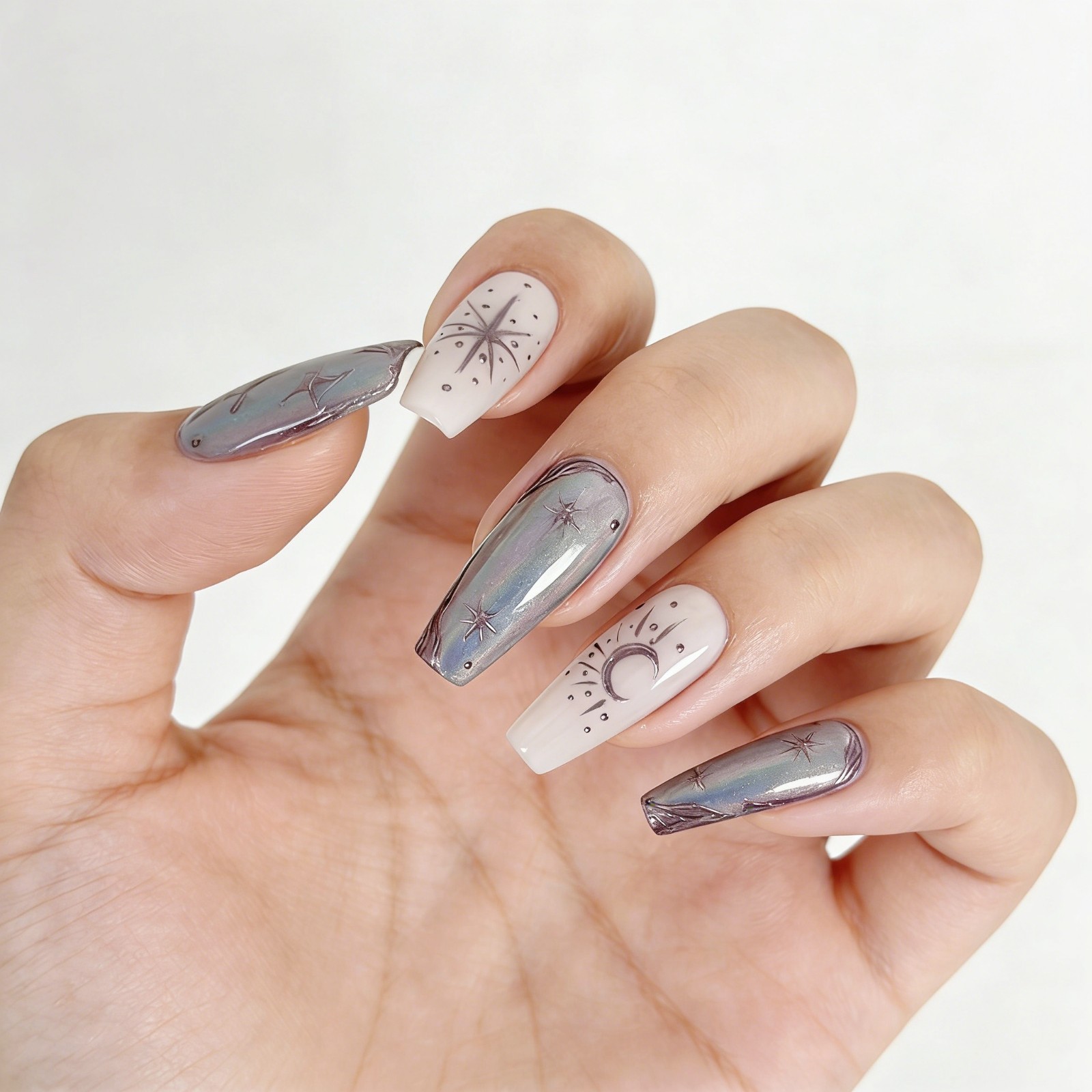 Futuristic Silver Gray Diamond Thorn Coffin Press-On Nails with Metal Details