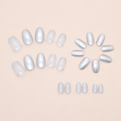 Short Oval Press on Nails Silver Metal Mirror Chrome Fake Nails 92-13Silver