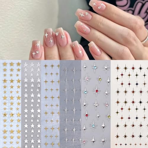 6 Sheets Star Nail Art Stickers Glitter Rhinestones Star Star Nail Stickers-12