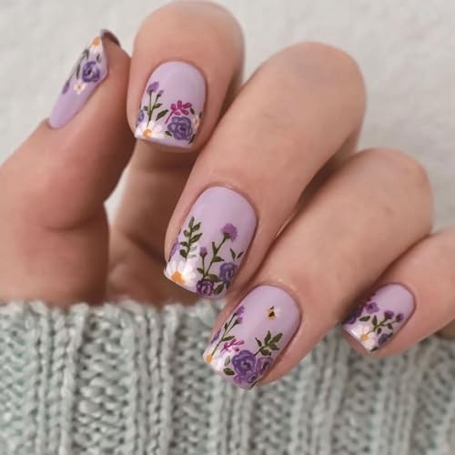 Short Press on Nails Square Fake Nails with French Tip Flower Leaves Designs