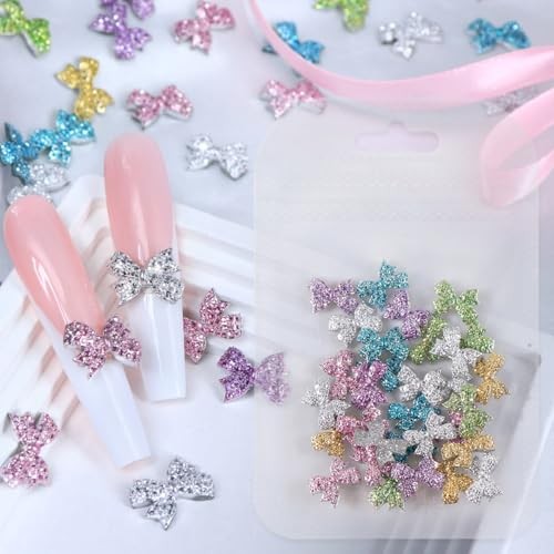 30Pcs Bow Nail Charms, Extra Sparkly Bows Rhinestones 3D Bow Nail Art Charms