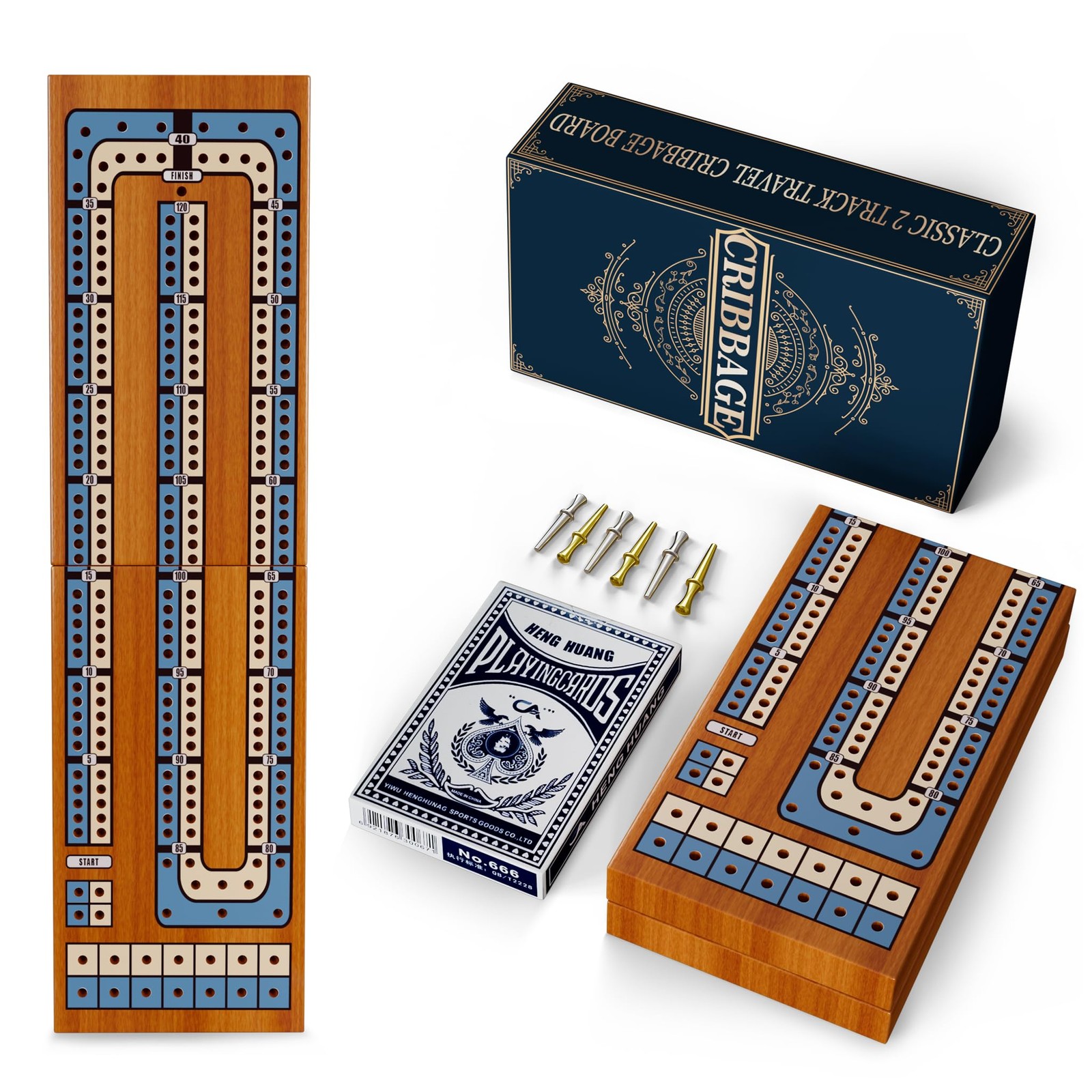 Small Size Travel Wooden Cribbage Board Game Set – 2-Track Small, Wood