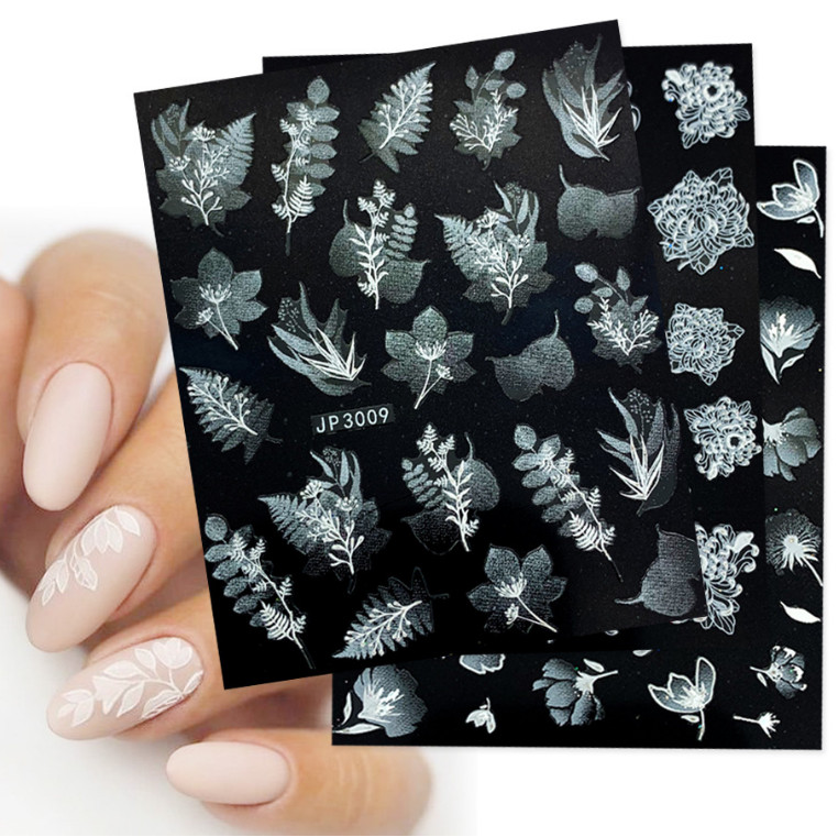 5D Embossed Snowflake Butterfly Rose Flowers Nail Stickers White Decals DIY NH14