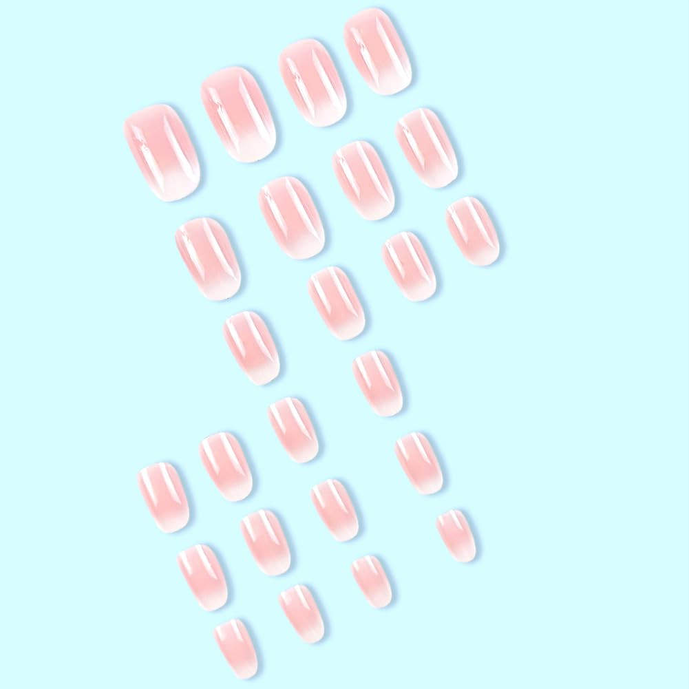 Almond Press on Nails Short Squoval Fake Nails Pink Ombre White False Nails with