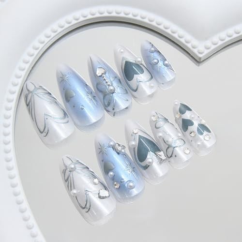 24Pcs Ombre Blue Press on Nails Medium Almond Fake Nails 3D Star Fake Nails-1