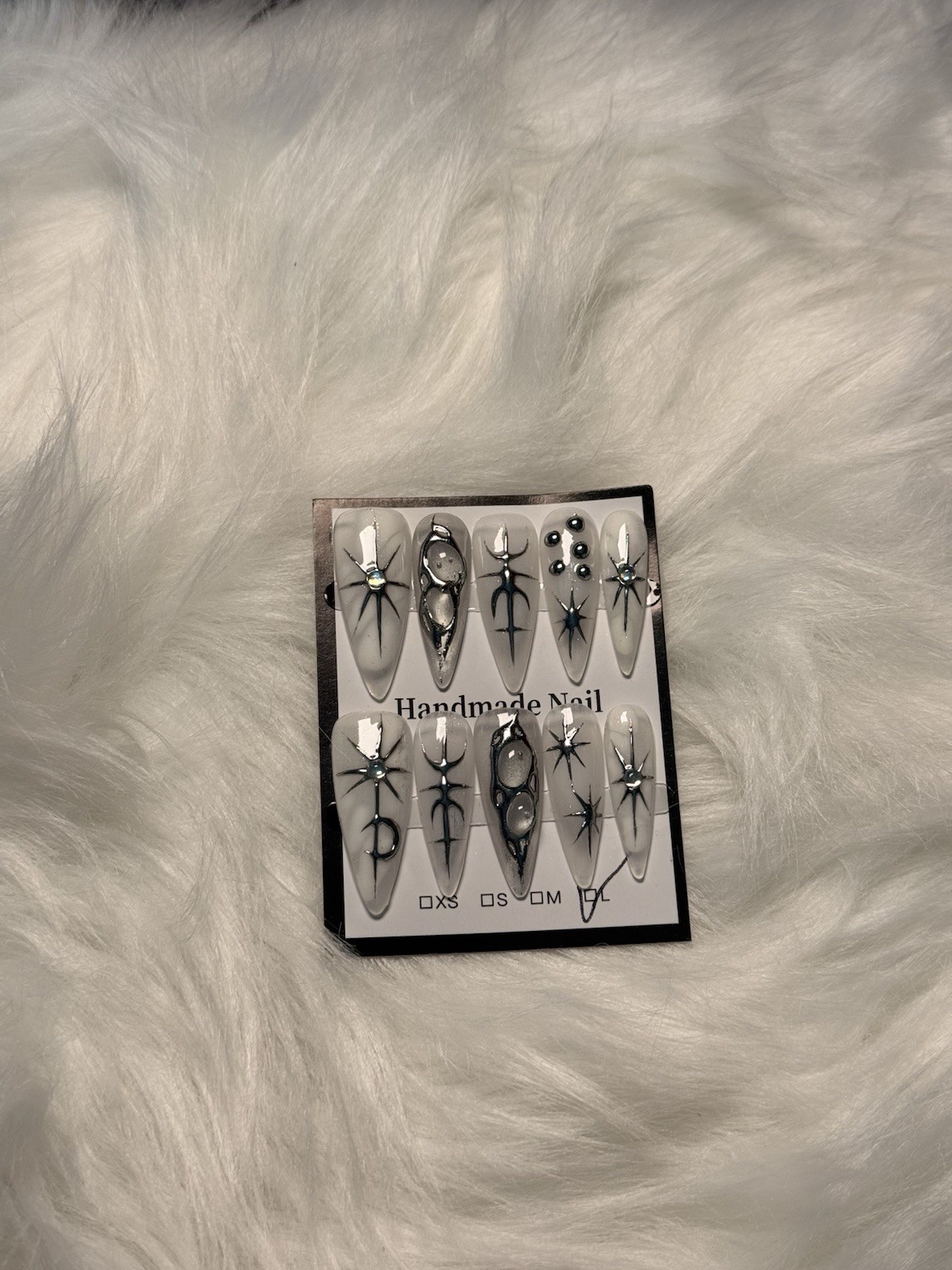 Handmade Black White Silver Spider Long Stiletto Press-On Nails 3D Shiny Acrylic