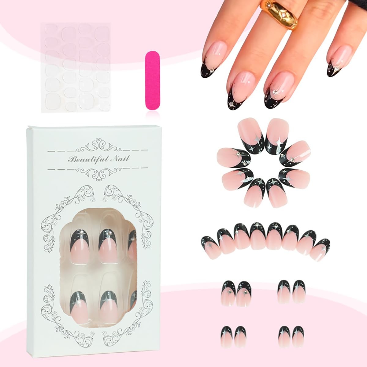 Black French Tip Press on Nails Almond Fake Nails Silver Star Rhinestones Des…