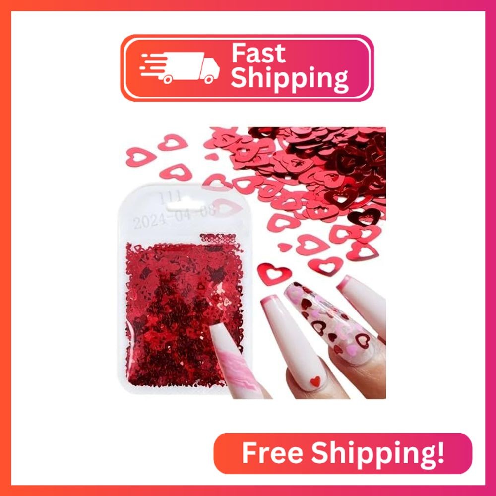 Valentinee Day Heart Nail Charms Red Hollow Hearts Nail Sequins 3D Holographic N