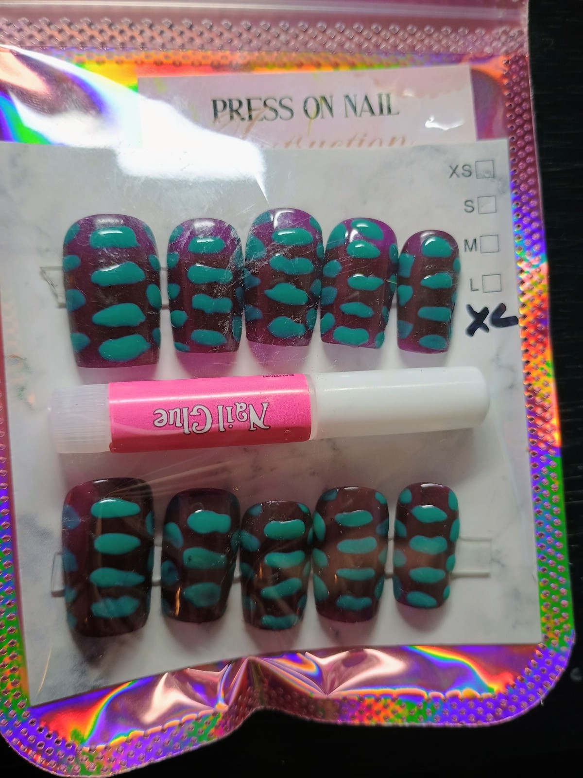 Hand Painted Press On Nail Size X Large Length Short