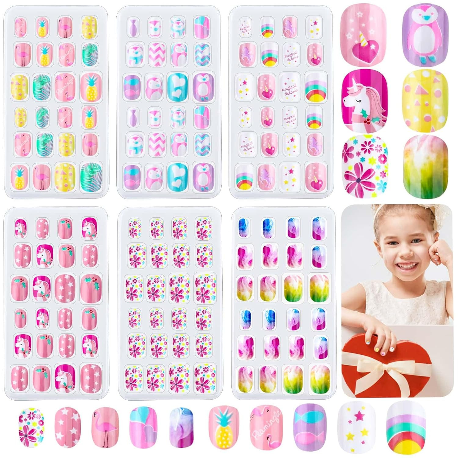 144 Pieces Press on Nails for Kids – Short Acrylic False Nail Tips (Rainbow Sky)