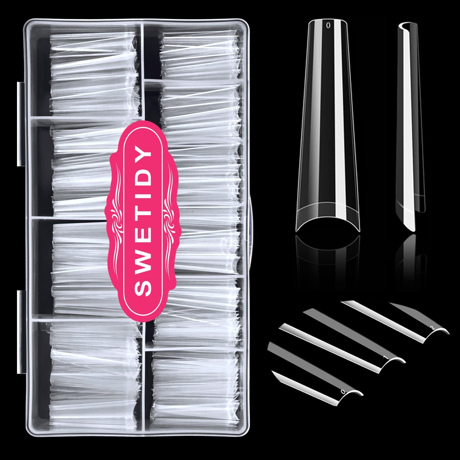 500Pcs XXL No C Curve Coffin Tips for Acrylic 500 Piece Assortment, Clear