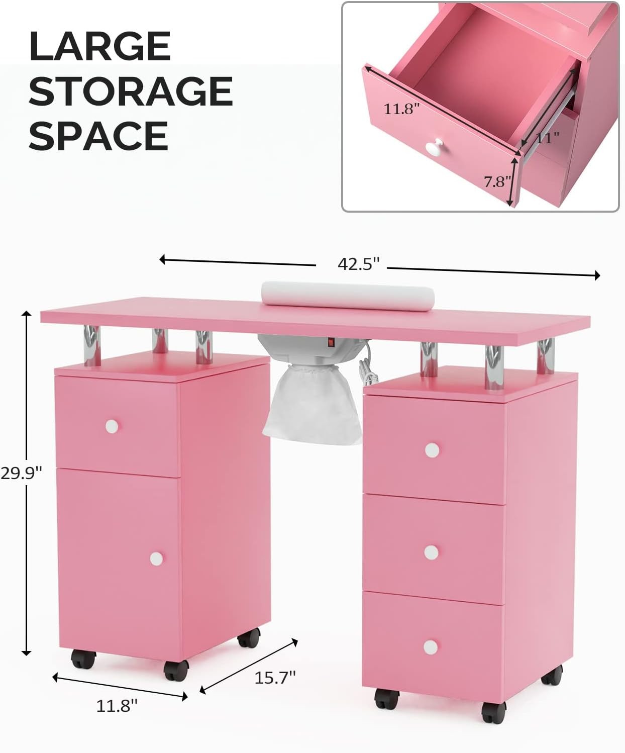 Manicure Table Nail Technician Desk Workstation w/Dust Collector, Drawers,Wheels