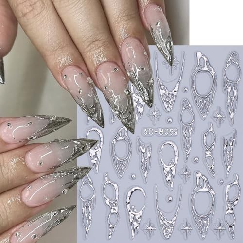 5D Metallic French Tips Nail Stickers Gold Silver Star flower nail decals-8