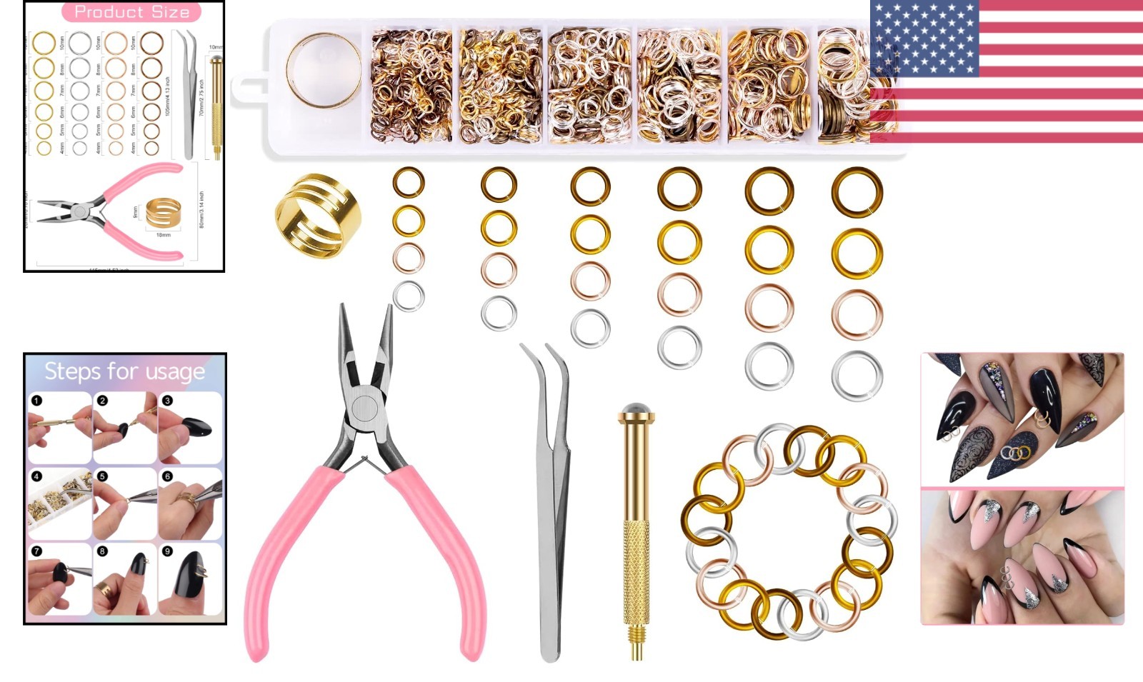 Nail Art Jewelry Making Set 1014 Pcs with Jump Rings, Pliers, Tweezers & Opener