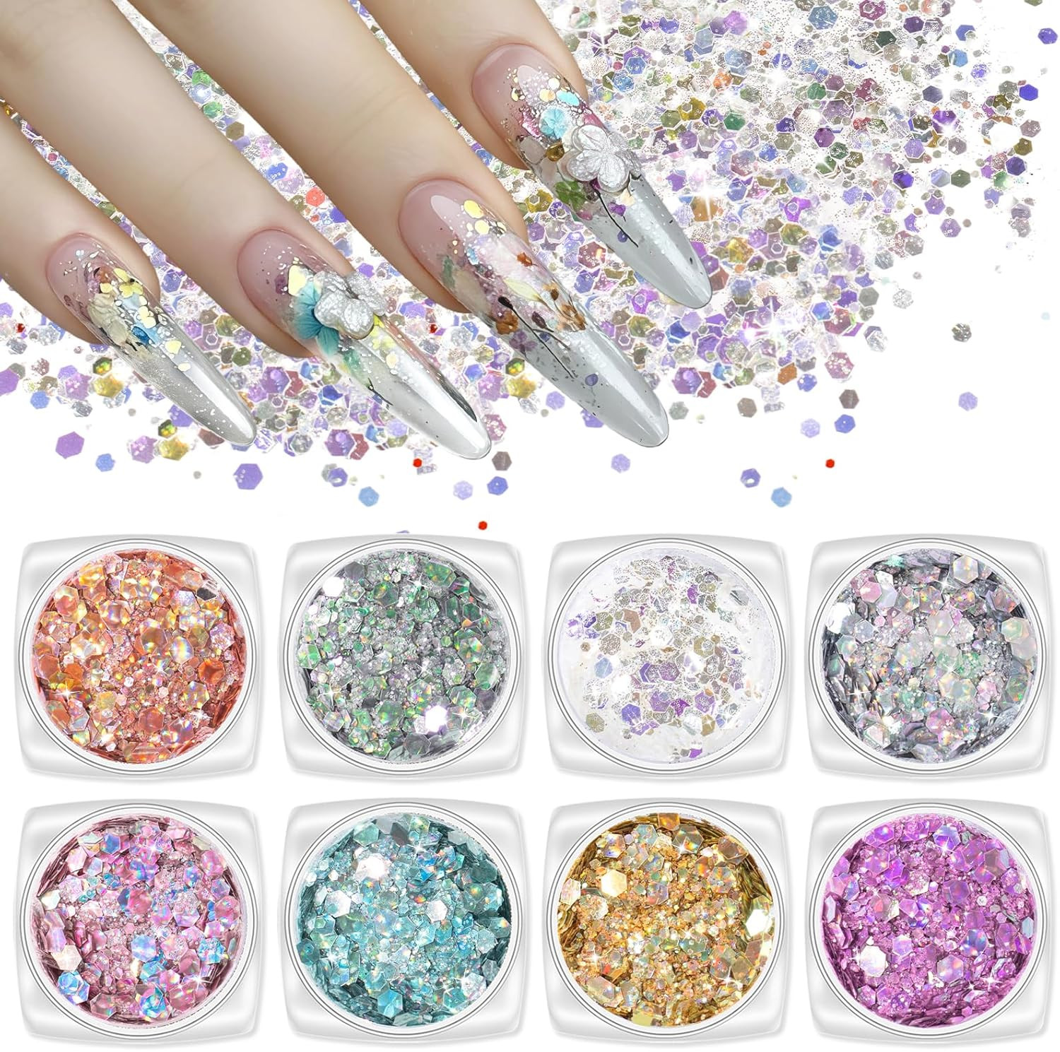 8 Colors Nail Art Glitter Diamond Dust Iridescent Nail Powder Chunky Glitter Con