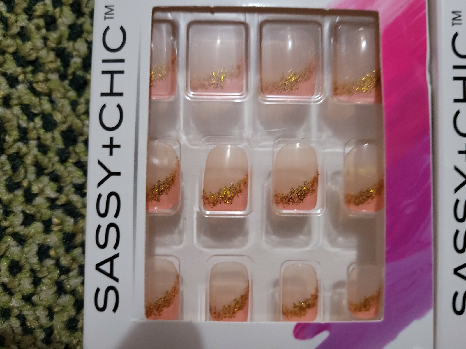 Leopard Black, Pink gold & French Tip Artificial Fake Round Short Glue On
