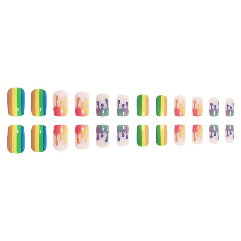 48pcs-Rainbow Drip Press on Nails, Short Square Gradient Pride Fake Nails