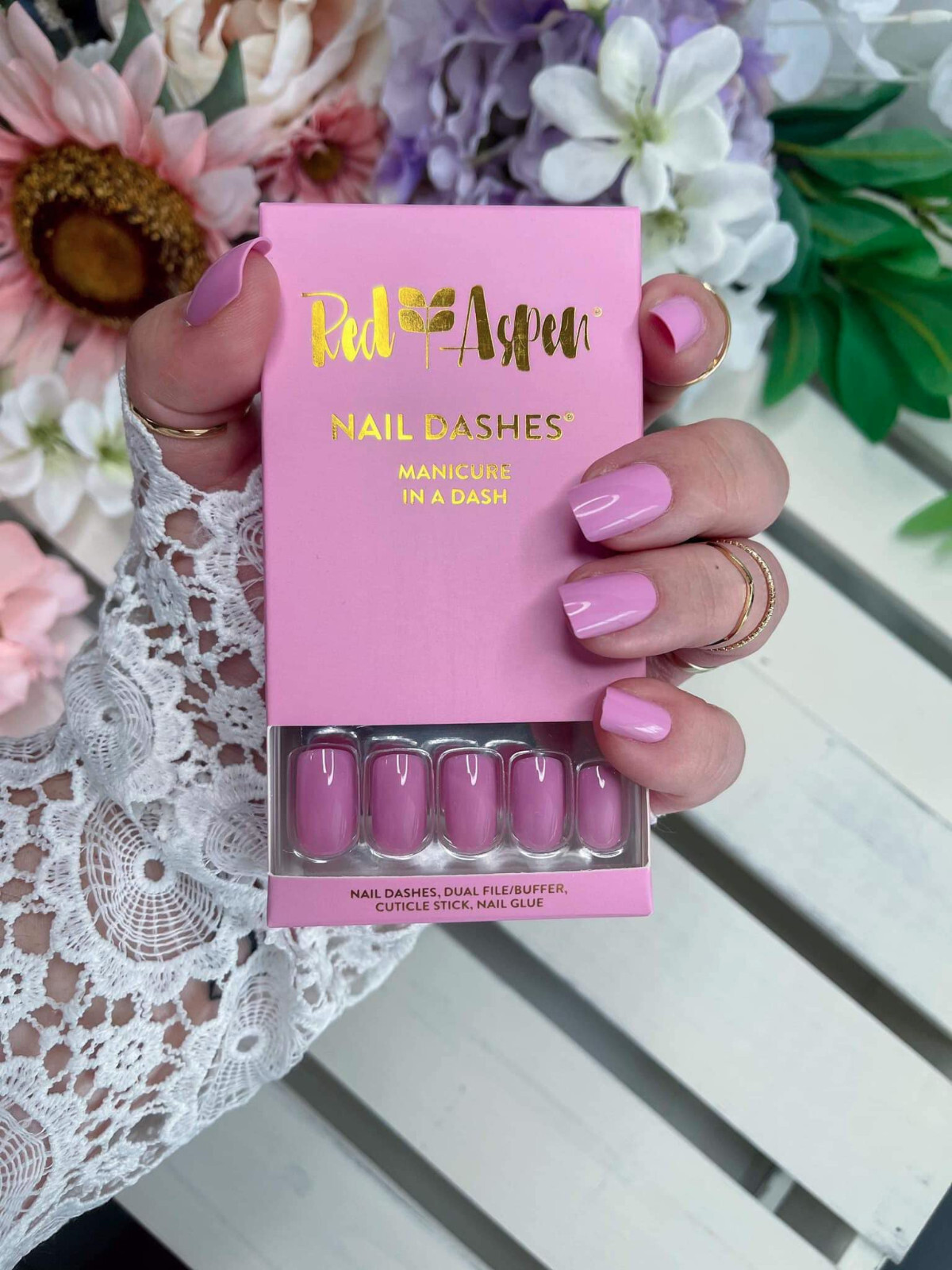 Red Aspen Press On Nails June’s Orchid Floral Orchid Pink Short Coffin