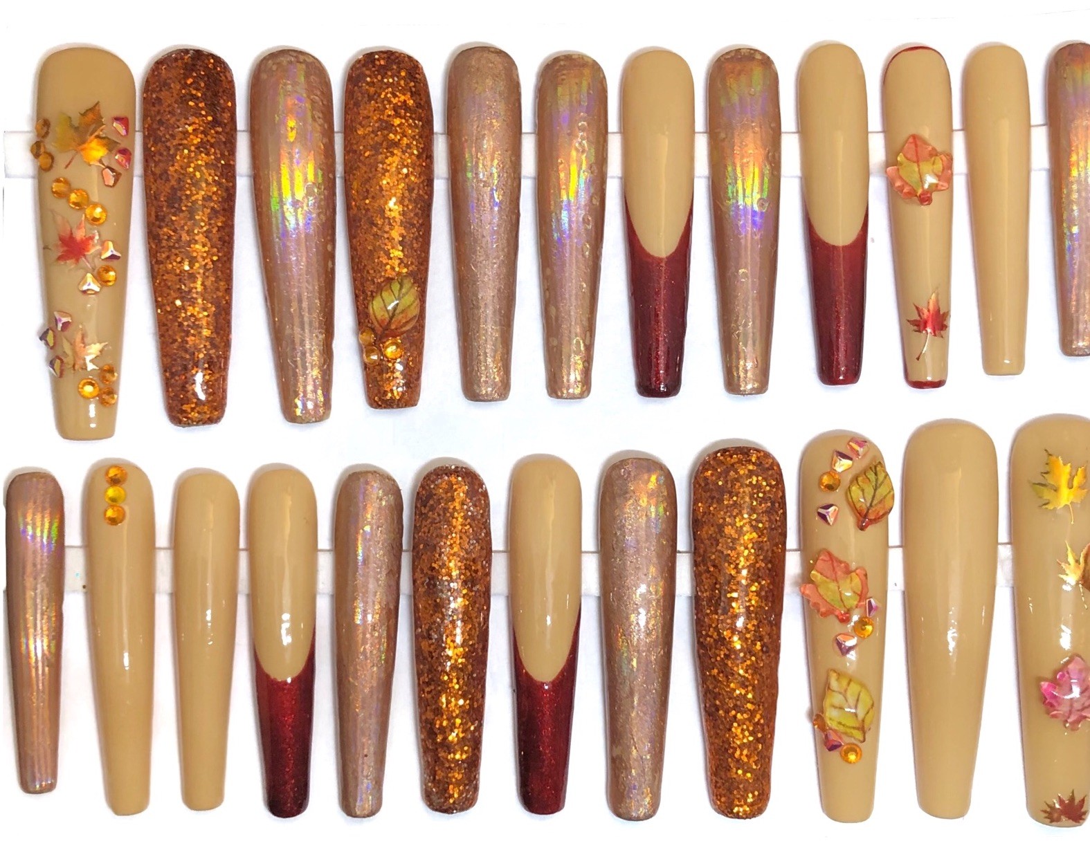 Handmade Custom Press On Nails 2XLong Coffin Fall Leaves Holograms Glitter Bling