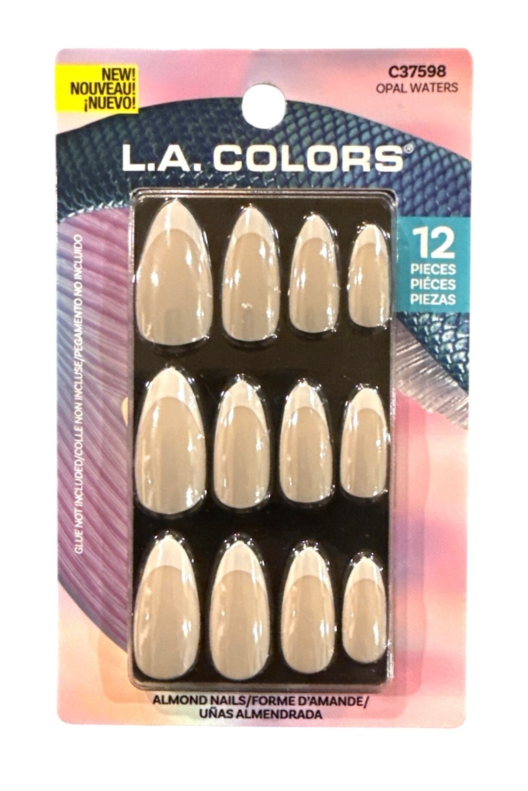 12pc Long Almond Chrome Nails #C37598 Opal Waters L.A. Colors Shiny French Tips