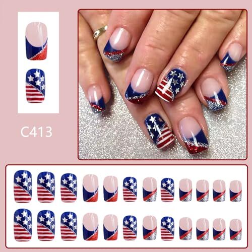 4th of July Press on Nails Medium Square 4th of July & Stars Silver Red Glitter