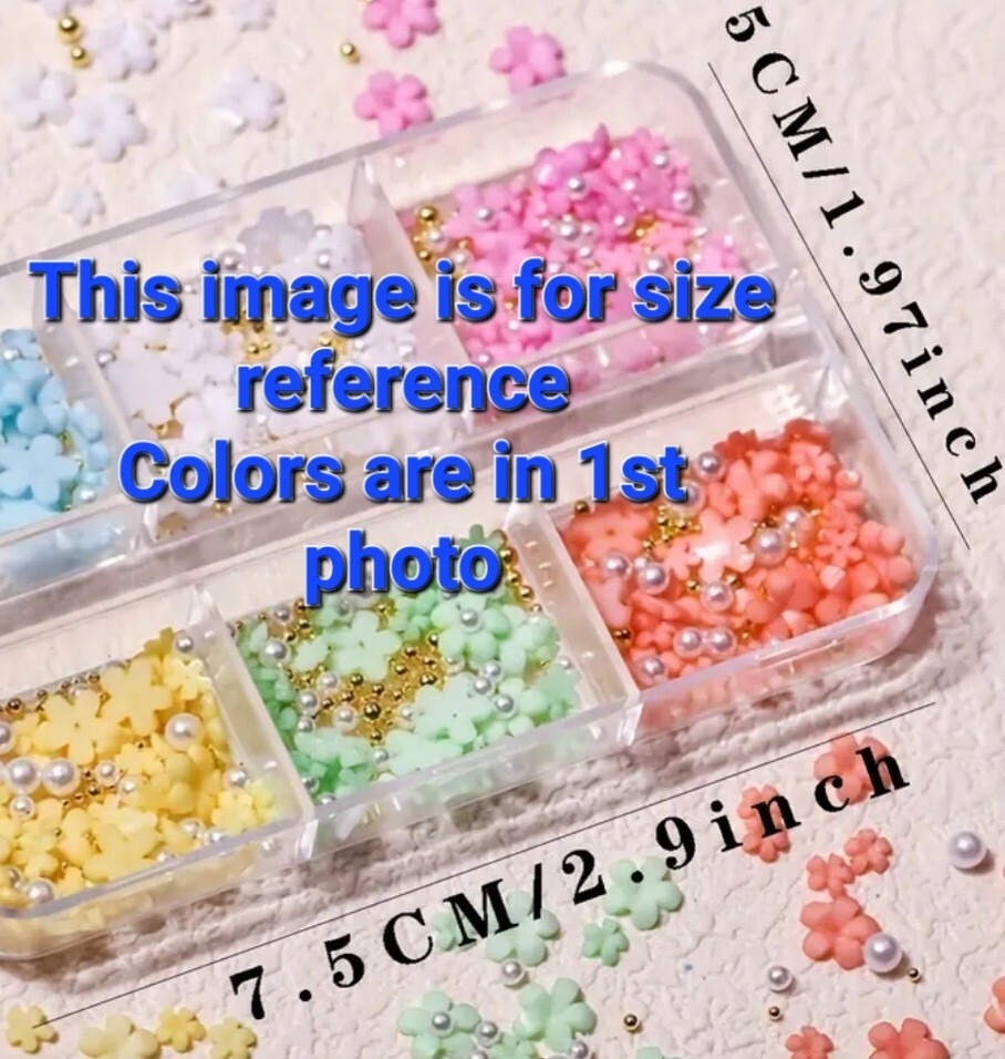 Box Lot 3D Nail Art Charms Flowers Pearls 6 Colors Pink Blue Black Purple Red