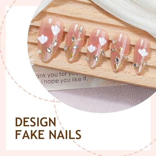 30Pcs 3D Flower Press on Nails Almond Medium Chrome Rhinestones Glitter Designs