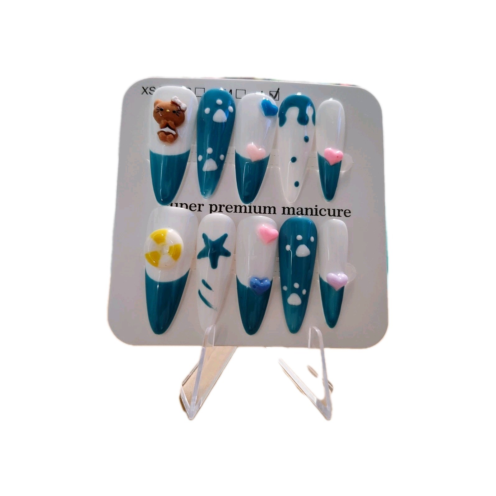 Blue White Pink 3D Animal Heart Star Stiletto Nail Art Charms Press on Nails