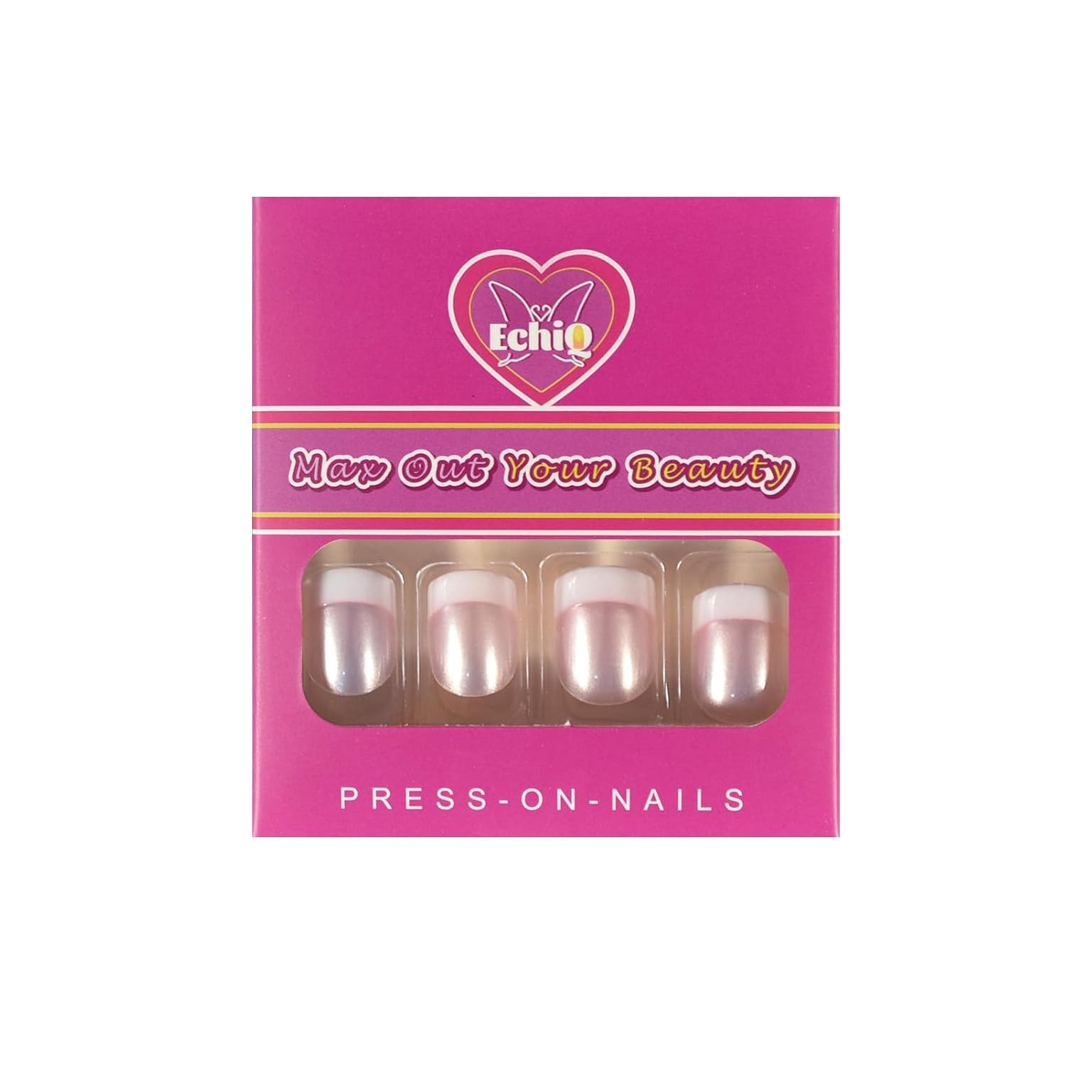 Elegant Pearl Shine Pink Fake Nails – 24 Glossy French Tips for Effortless Style