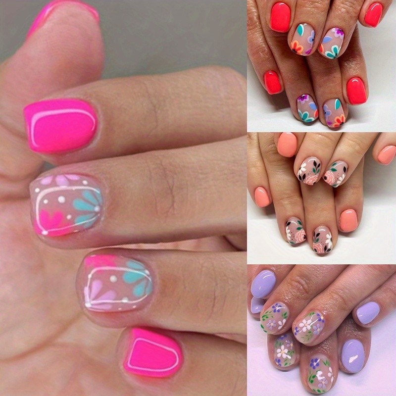 96pcs Vibrant Neon Pink Press On Nails Colorful Small Floral Manicure for Outing